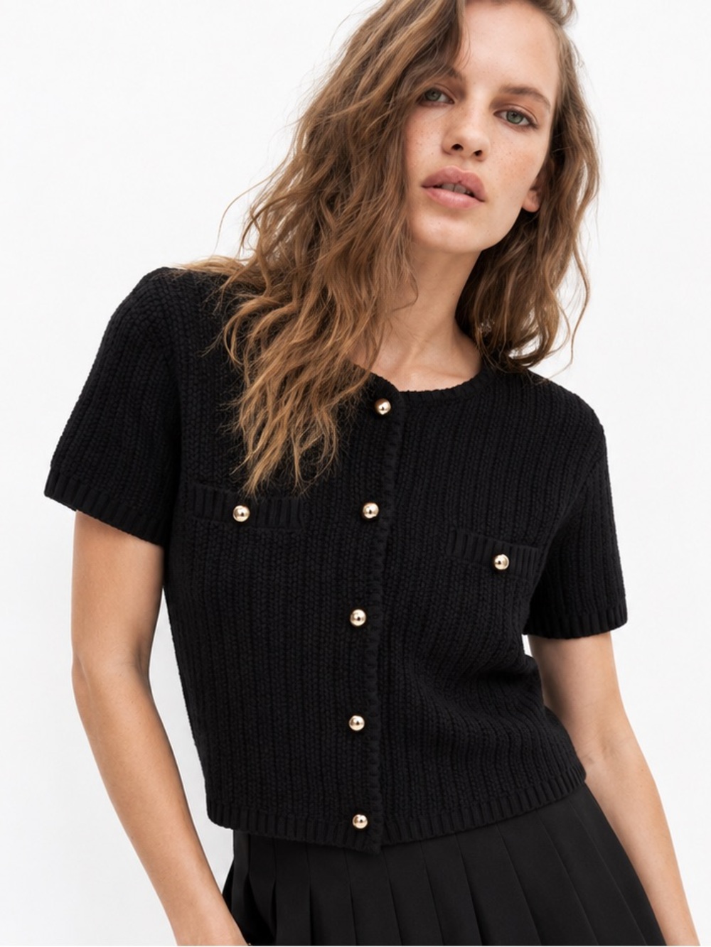 H&M Small Black Short Sleeve Knit Cardigan Gold Buttons Cropped Preppy Chic Top